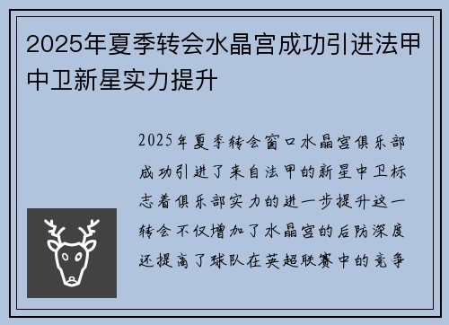 2025年夏季转会水晶宫成功引进法甲中卫新星实力提升