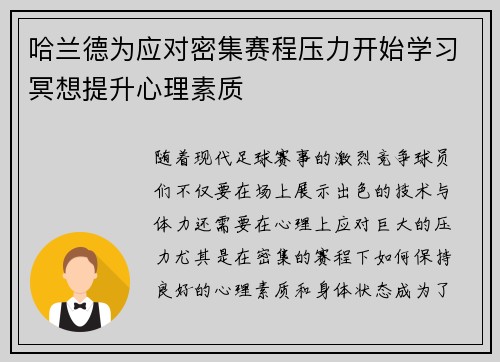 哈兰德为应对密集赛程压力开始学习冥想提升心理素质